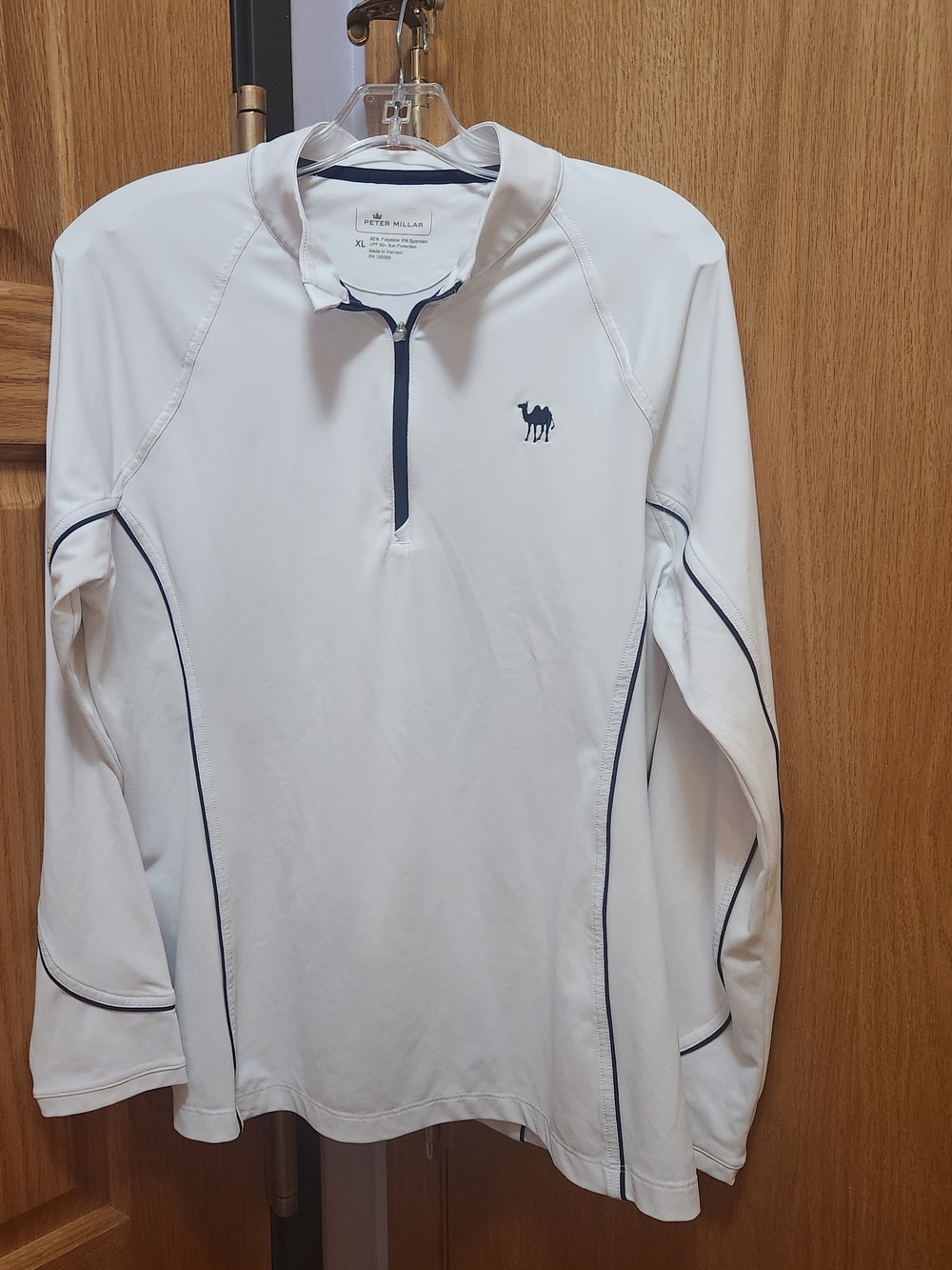 Peter Millar White Long-Sleeve Quarter Zip Sweat with Navy Trim